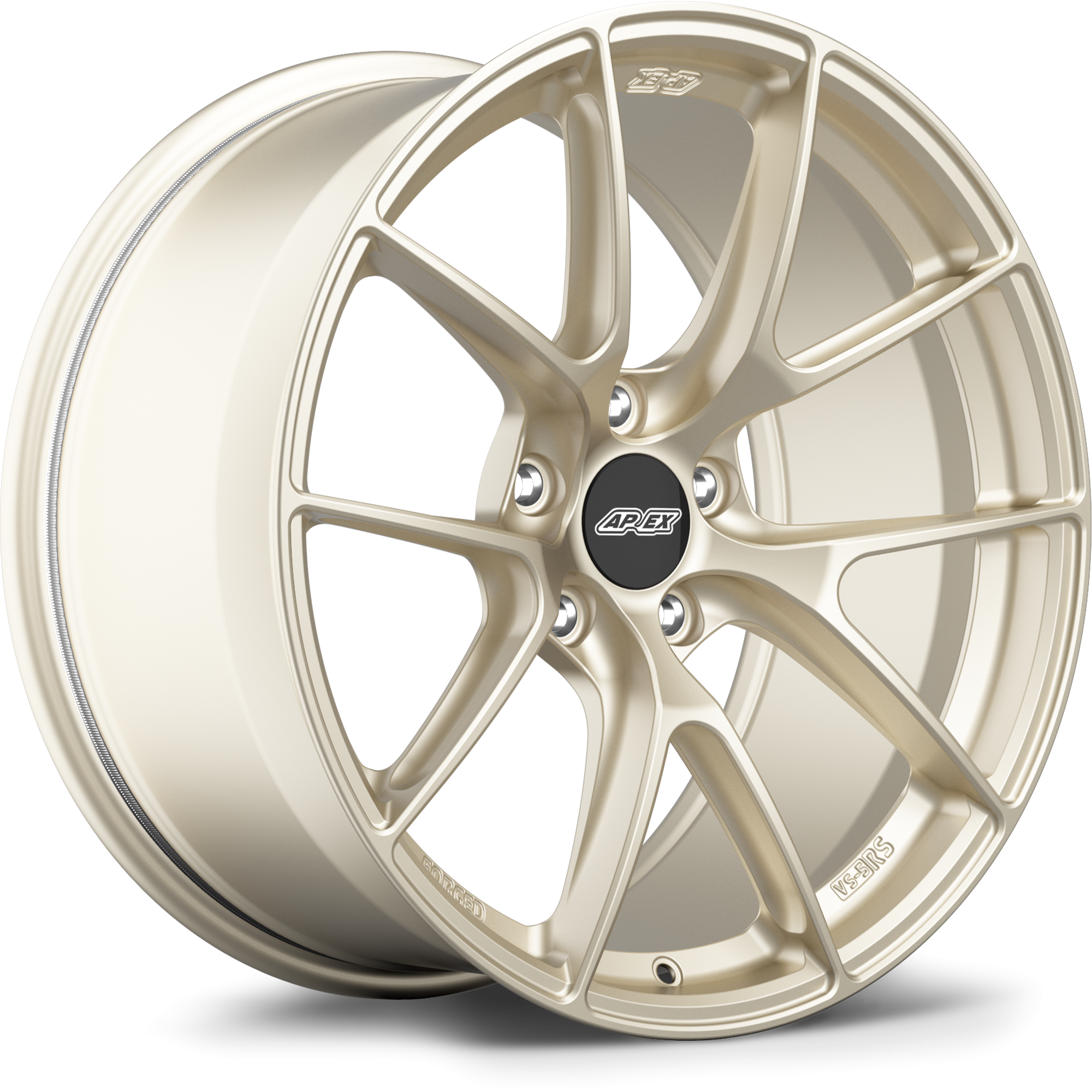 Champagne gold finished alloy wheel with ten-spoke design and black center cap on white background - APEX Wheels wheel for 19x9 ET25 5x112 - Motorsport Gold