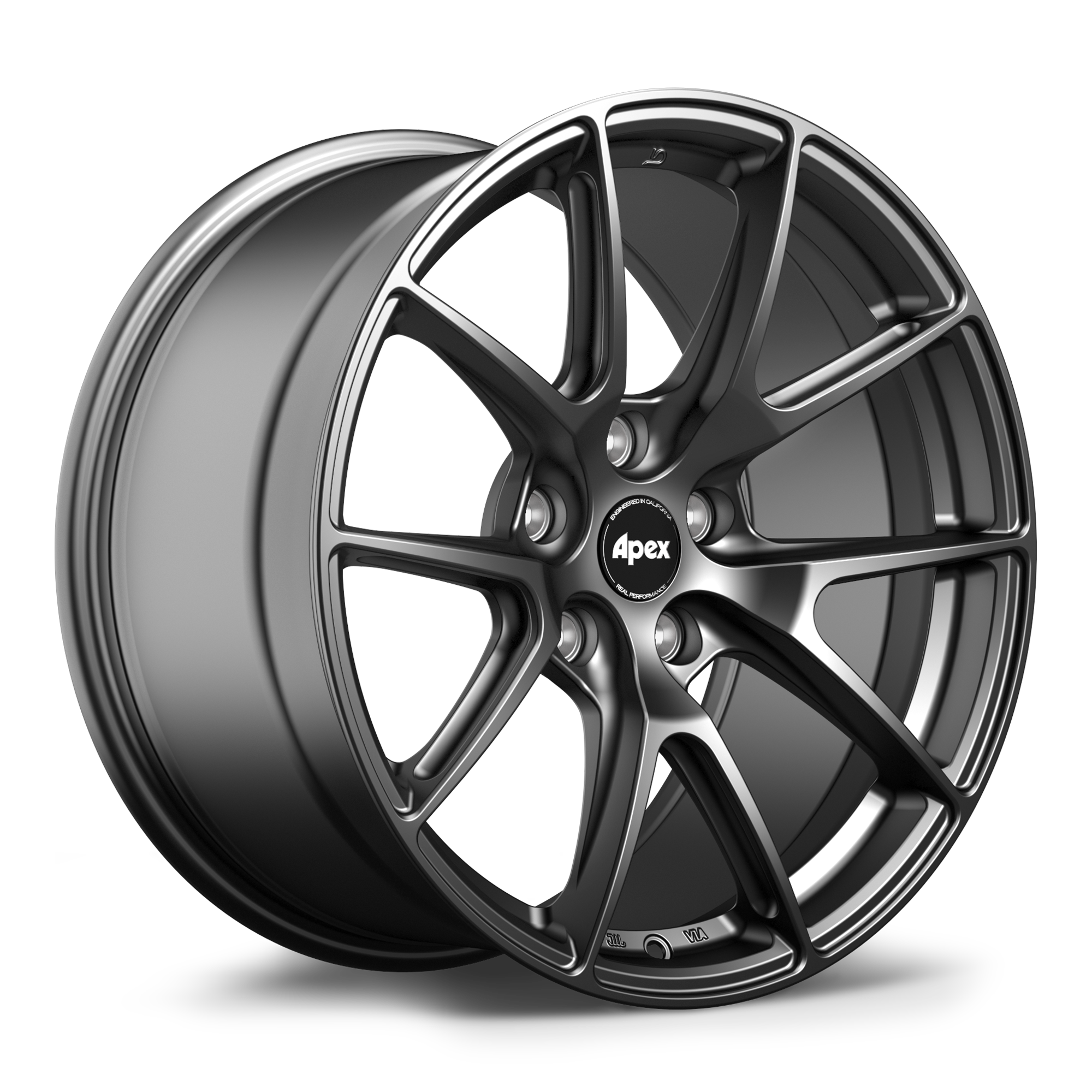 Single gunmetal finished alloy wheel with ten-spoke design and black center cap on white background - APEX Wheels wheel for 18x11 ET52 5x114.3 - Satin Black