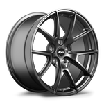 Single gunmetal finished alloy wheel with ten-spoke design and black center cap on white background - APEX Wheels wheel for 18x11 ET52 5x114.3 - Satin Black