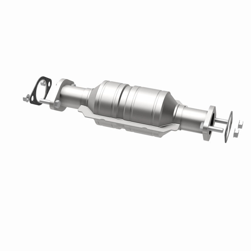 MagnaFlow 5571469 carb direct-fit catalytic converter, opposite rear three-quarter view of the turntable spin