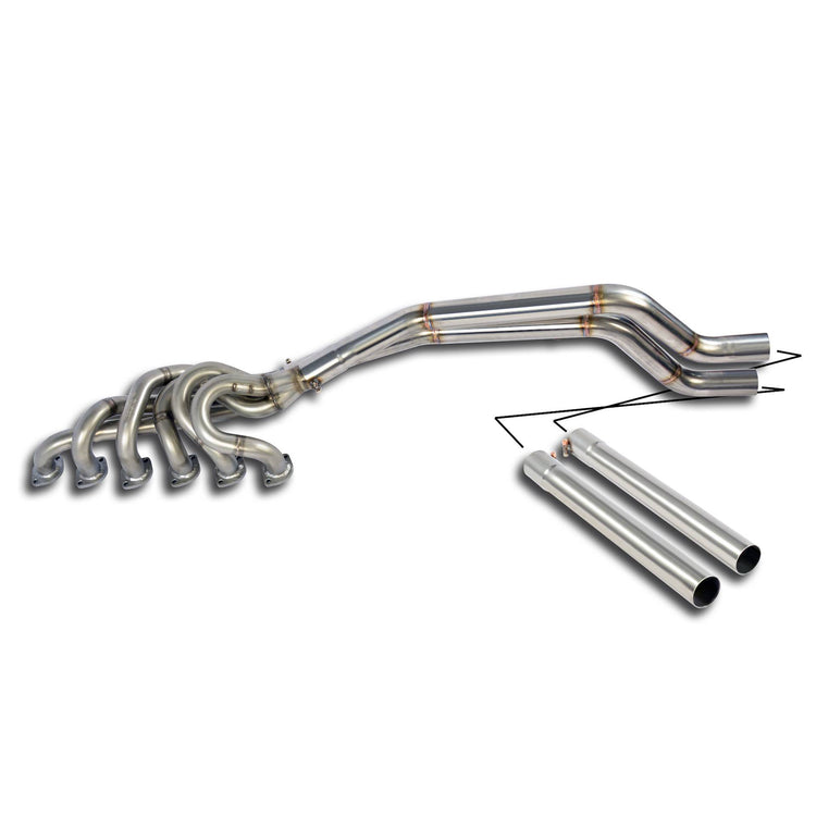 wide view of Supersprint Manifold + connecting pipes 100% Stainless steel (Left Hand Drive) for BMW E28 528i (M30) 1981-1987 with white background