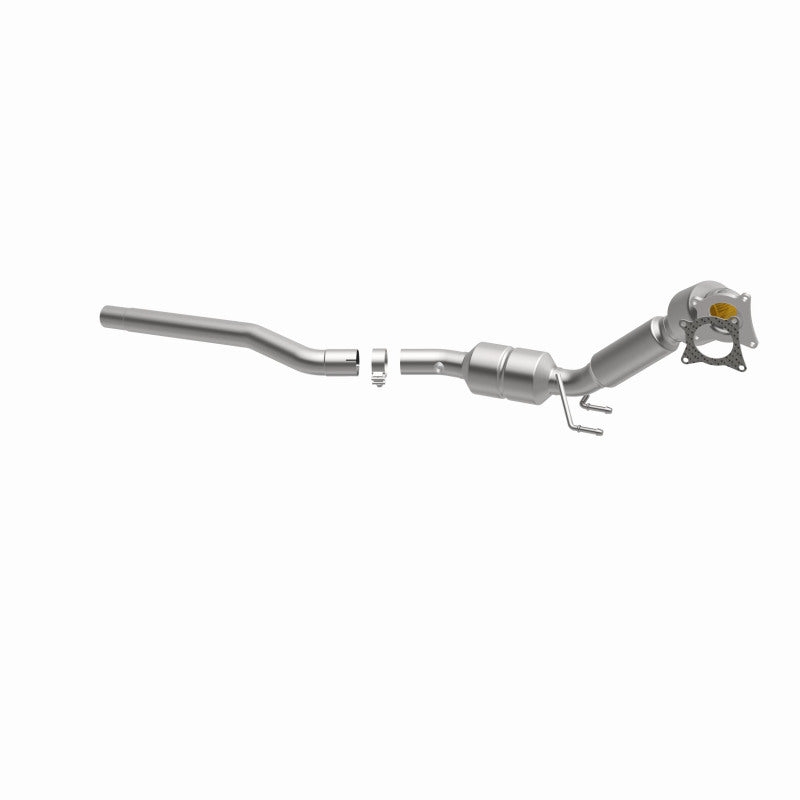MagnaFlow 551408 carb direct-fit catalytic converter, opposite front three-quarter view of the turntable spin
