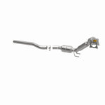 MagnaFlow 551408 carb direct-fit catalytic converter, opposite front three-quarter view of the turntable spin