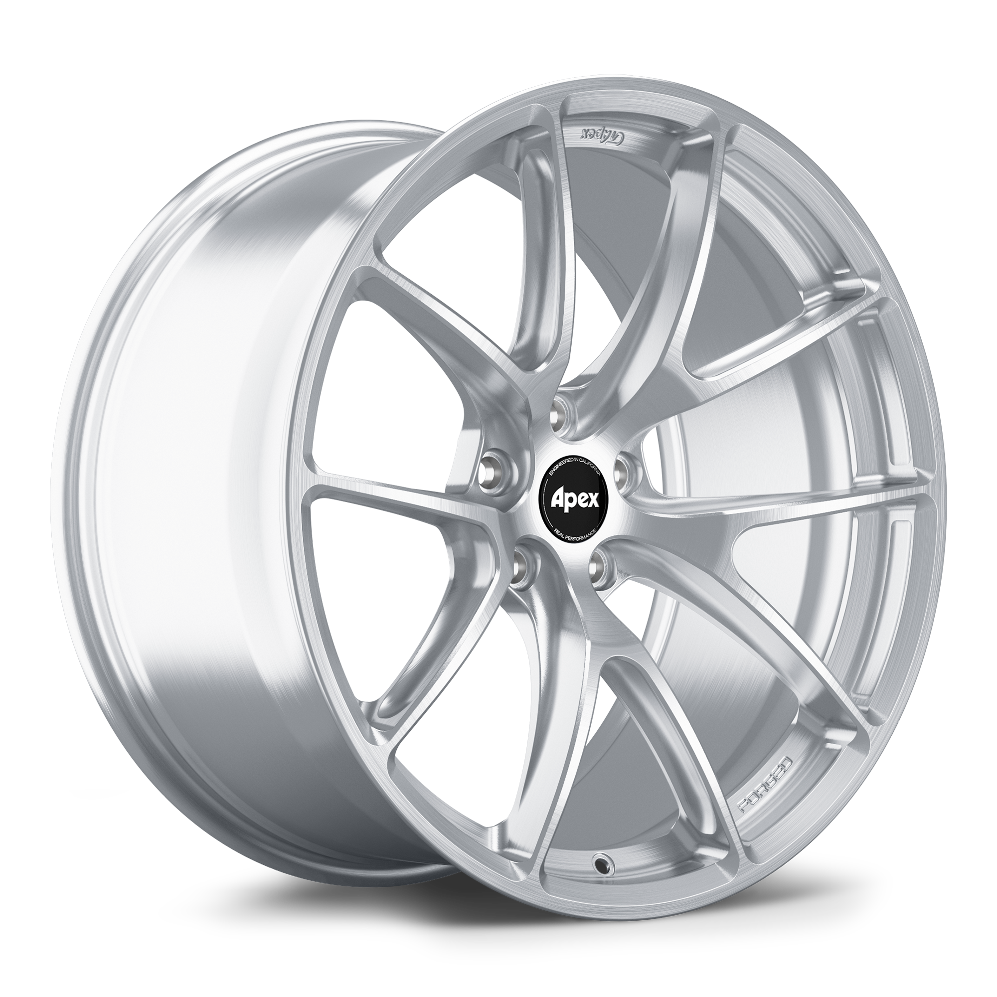 Silver alloy wheel with five-spoke design, black center cap, and machined finish on clean white background - APEX Wheels wheel for 21x10.5 ET35 5x120 - Brushed Clear