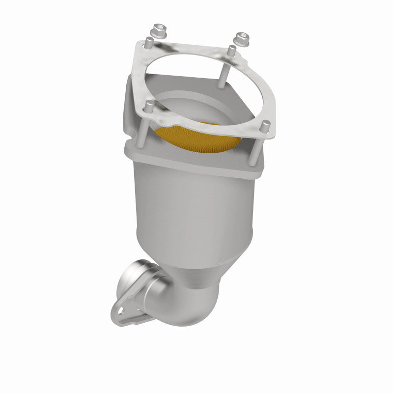 MagnaFlow 4561110 carb direct-fit catalytic converter, opposite rear three-quarter view of the turntable spin