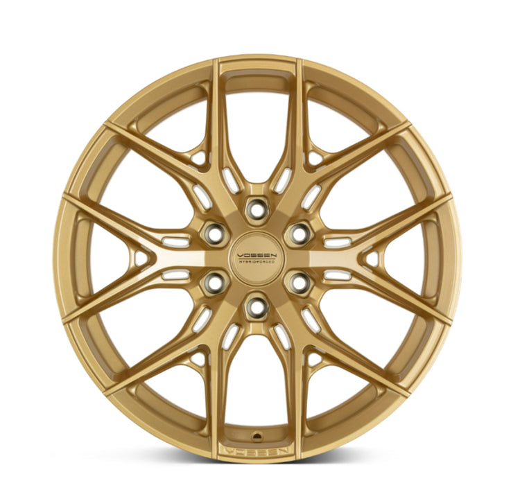 A front view of Vossen HF6-4 20x9.5 / 6x135 / ET15 / 87.1 - Satin Gold Wheel with white background