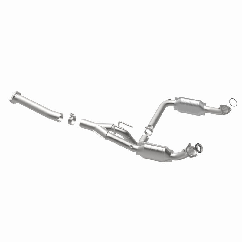 MagnaFlow 4451211 carb direct-fit catalytic converter, opposite rear three-quarter view of the turntable spin