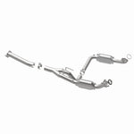 MagnaFlow 4451211 carb direct-fit catalytic converter, opposite rear three-quarter view of the turntable spin
