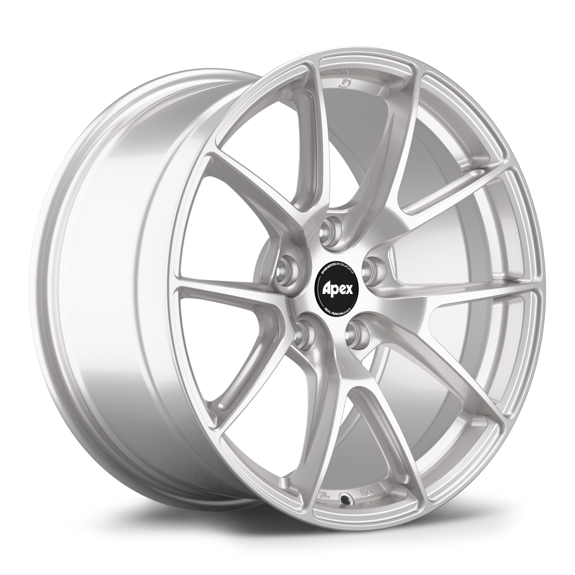 Silver alloy wheel with ten-spoke design, machined finish, and black center cap displaying five lug bolt pattern - APEX Wheels wheel for 18x11 ET52 5x114.3 - Race Silver