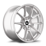 Silver alloy wheel with ten-spoke design, machined finish, and black center cap displaying five lug bolt pattern - APEX Wheels wheel for 18x11 ET52 5x114.3 - Race Silver