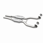 MagnaFlow 4481988 carb direct-fit catalytic converter, opposite rear three-quarter view of the turntable spin