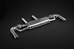 Capristo GLE63 valved muffler with mid-pipe stubs, angled view