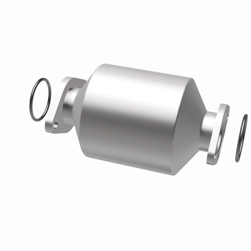 MagnaFlow 3322656 carb direct-fit catalytic converter, opposite rear three-quarter view of the turntable spin