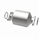 MagnaFlow 3322656 carb direct-fit catalytic converter, opposite rear three-quarter view of the turntable spin