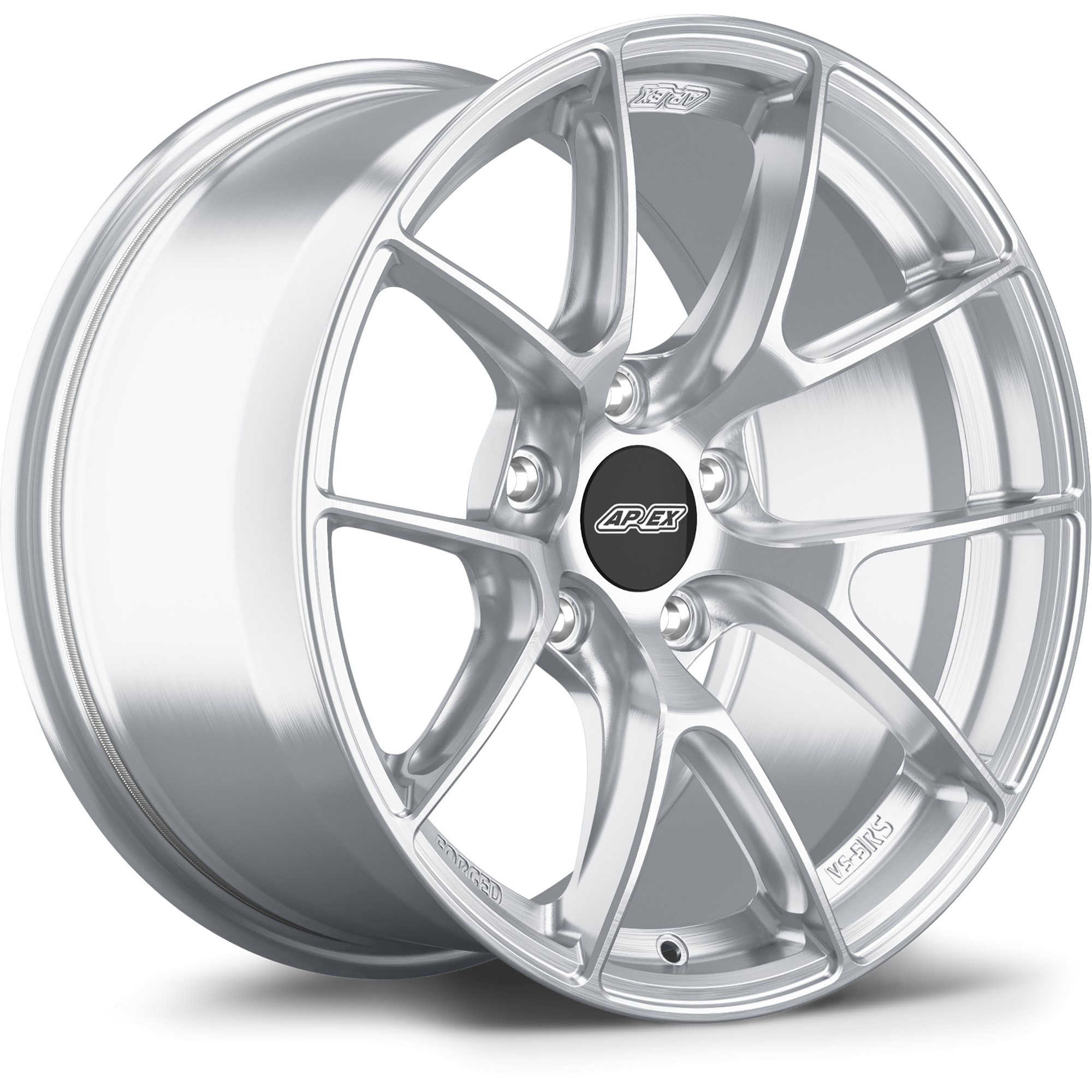 Silver aluminum wheel with five-spoke design and black center cap on clean white background - APEX Wheels wheel for 17x9 ET35 5x100 - Brushed Clear