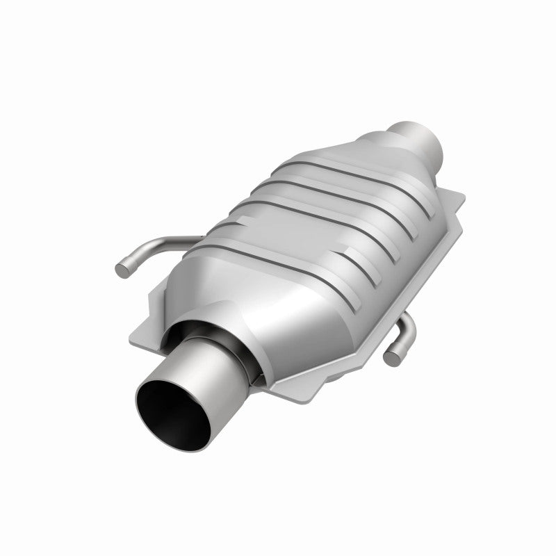 MagnaFlow 3322024 universal catalytic converter, opposite front three-quarter view of the turntable spin