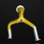 A front wide view of IPE SS Catted Downpipe for Audi A6 / A7 C8 55 TFSI Quattro 2018+ with black background