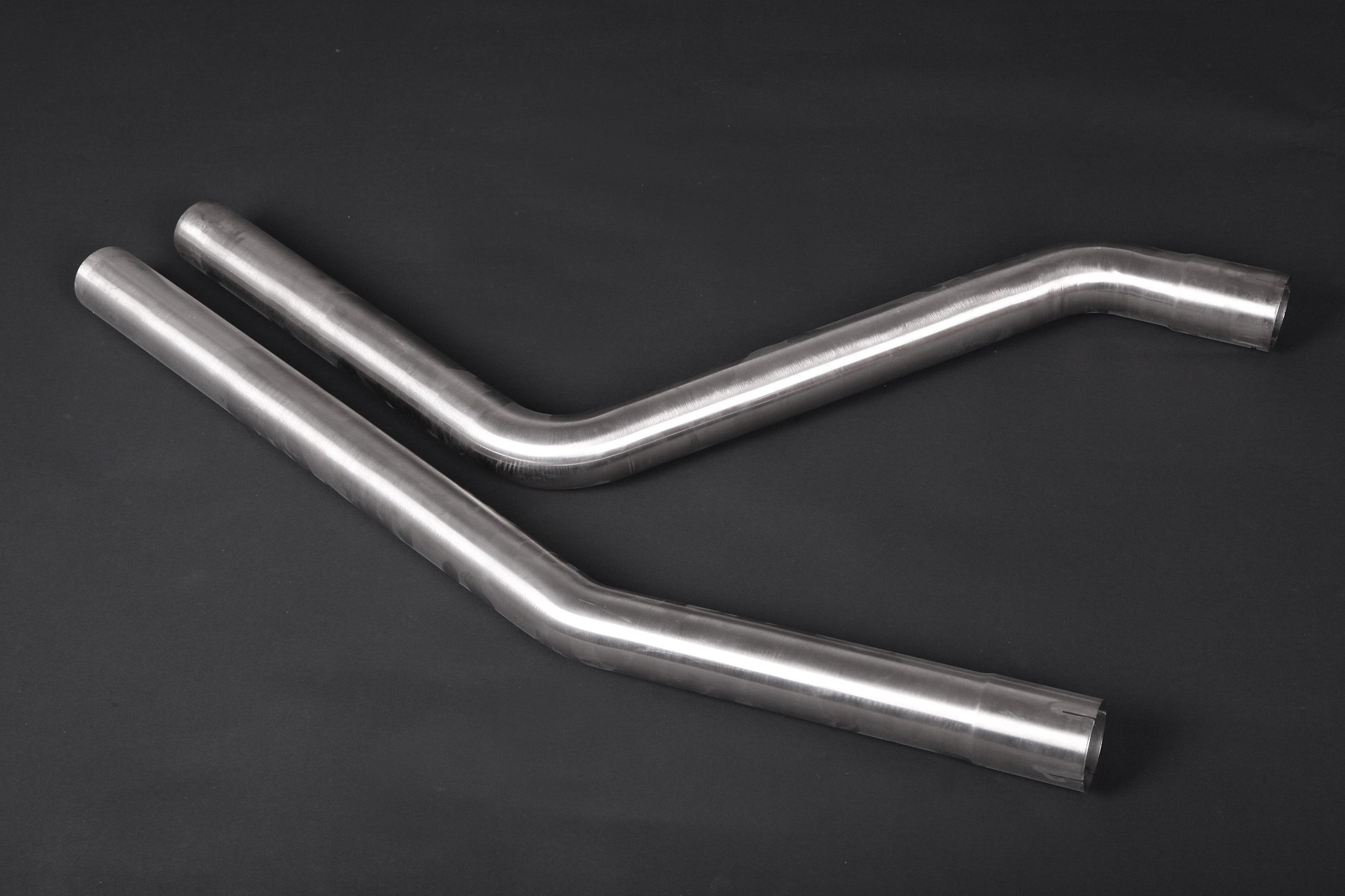 Pair of Capristo polished stainless mid-pipes included with the ECE valved exhaust for the Porsche Cayenne Turbo 958.1