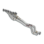 wide view of Supersprint Manifold + connecting pipes 100% Stainless steel (Left Hand Drive) For the stock centre muffler for BMW E9 3.0 CS 1971-1975 with white background