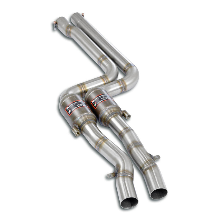 close view of Supersprint Front Metallic catalytic converter Right - Left 100 CPSI for BMW E46 - All models (For S54 engine conversion) 2000-2006 with white background
