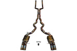 BMW F12 M6 Valvetronic exhaust: valved cat-back on white with heat-tinted mufflers, dark tips and the controller parts below