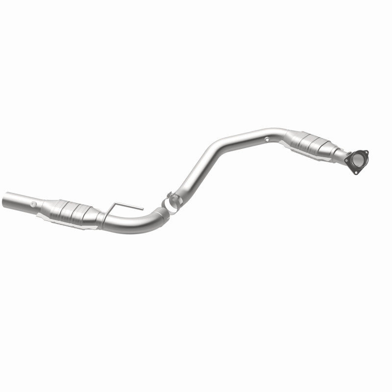 MagnaFlow 5582524 carb direct-fit catalytic converter, opposite rear three-quarter view of the turntable spin