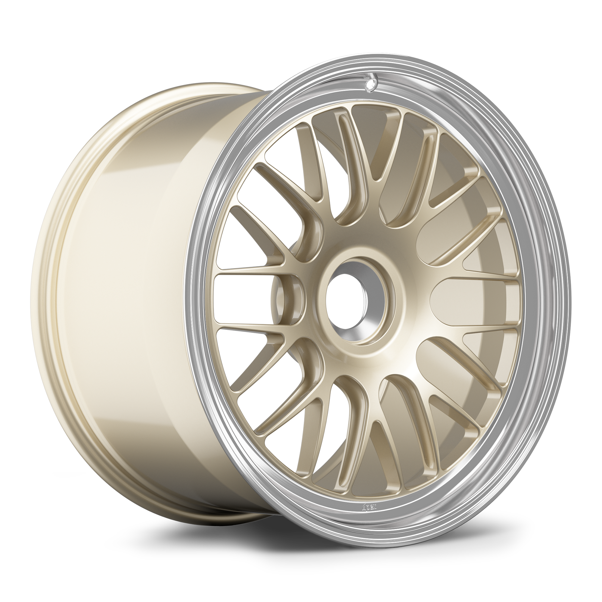 Two-piece forged wheel with champagne gold center and polished silver outer lip featuring multi-spoke design - APEX Wheels wheel for 20x12 ET47 PSCL - Gloss Motorsport Gold - Machined Lip