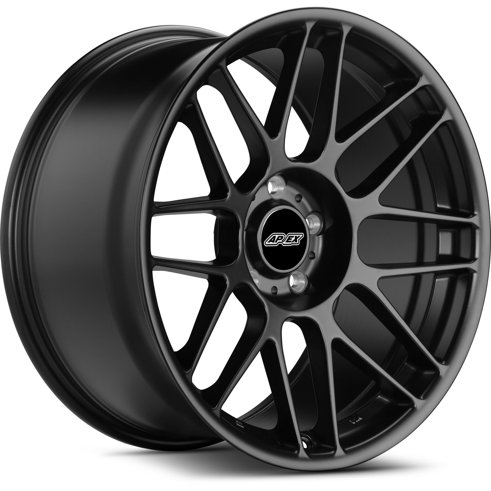 Black alloy wheel with multi-spoke design and center cap, shown at three-quarter angle on white background - APEX Wheels wheel for 19x11 ET43 5x120 - Satin Black