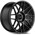 Black alloy wheel with multi-spoke design and center cap, shown at three-quarter angle on white background - APEX Wheels wheel for 19x11 ET43 5x120 - Satin Black