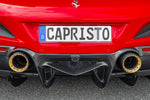 Capristo carbon rear diffuser between gold tips on Ferrari F8, straight-on