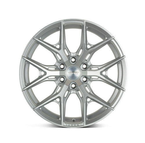 A front view of Vossen HF6-4 Wheel 20x9.5 6X135 15mm - Silver Metallic Wheel with white background
