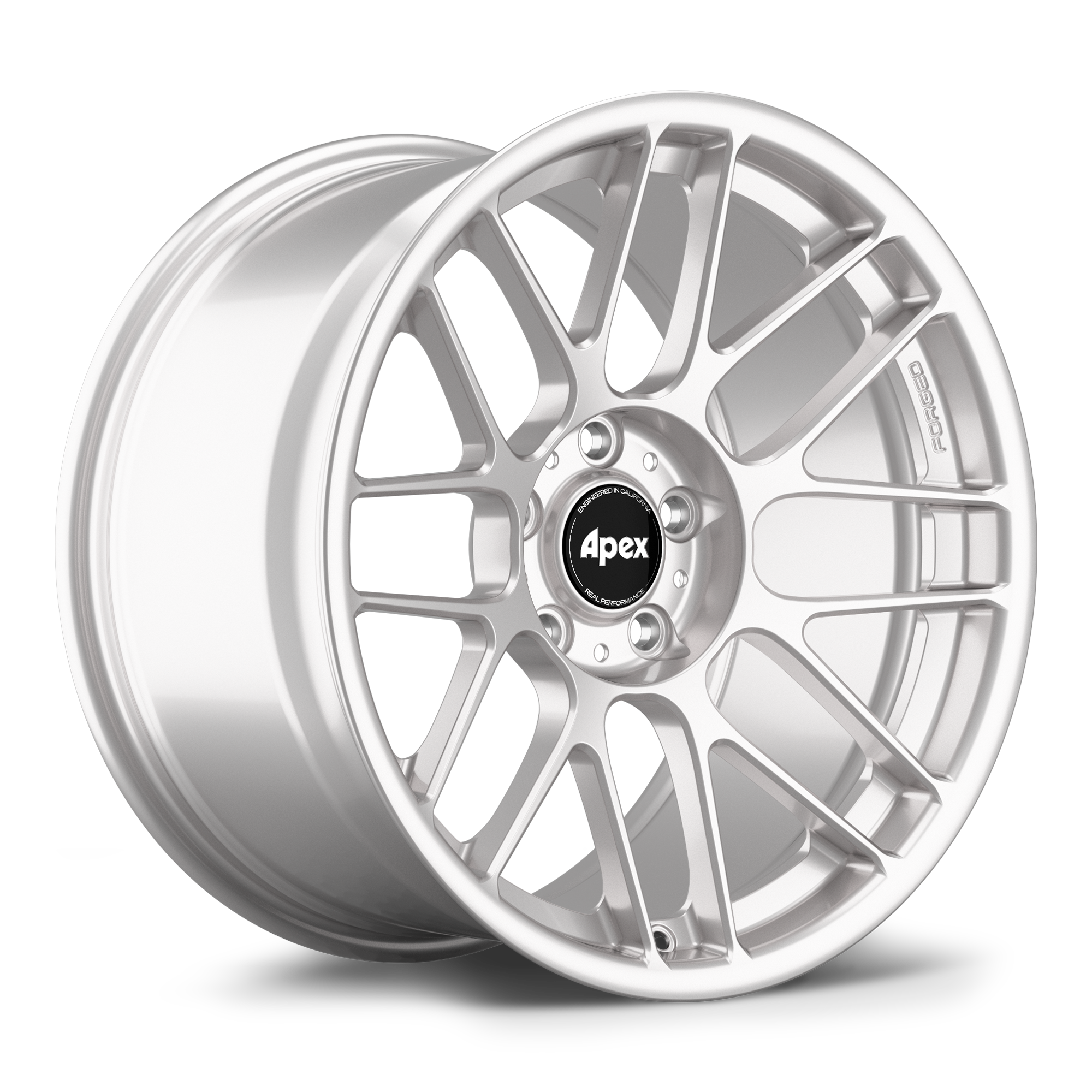 Silver alloy wheel with multi-spoke design and black center cap isolated on white background - APEX Wheels wheel for 18x10 ET25 5x120 - Race Silver