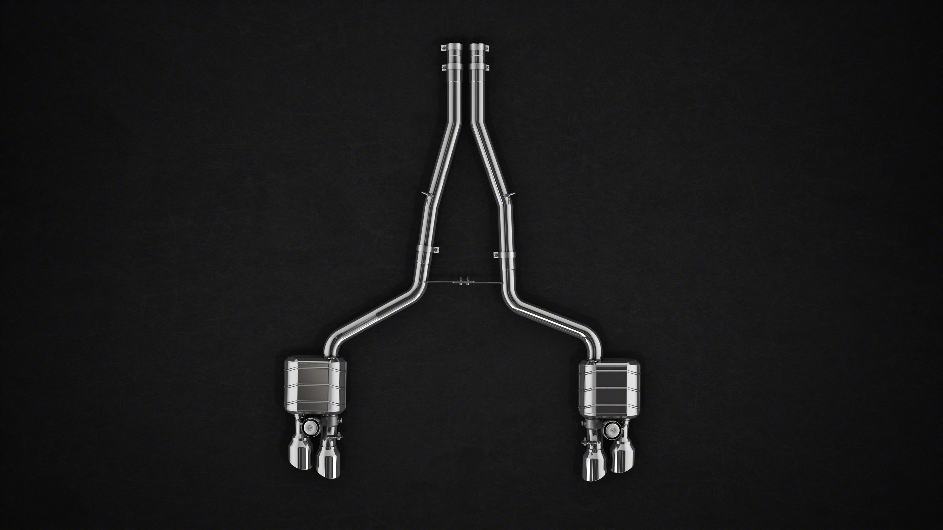 Capristo Maserati Ghibli valved exhaust layout with mid-pipes, mufflers and twin tips each side