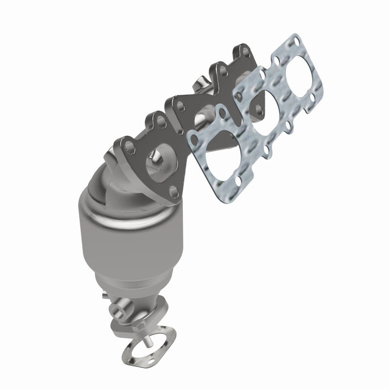 MagnaFlow 52743 oem grade manifold converter, opposite front three-quarter view of the turntable spin