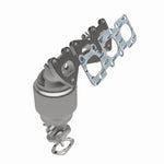 MagnaFlow 52743 oem grade manifold converter, opposite front three-quarter view of the turntable spin