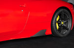 Capristo carbon fiber side fin on a red Ferrari 458 Speciale behind the front wheel