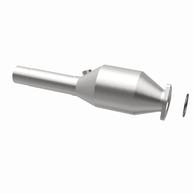 MagnaFlow 4481957 carb direct-fit catalytic converter, opposite rear three-quarter view of the turntable spin