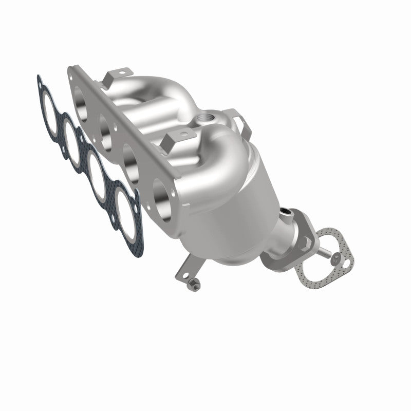 MagnaFlow 22-237 oem grade manifold converter, front three-quarter view of the turntable spin