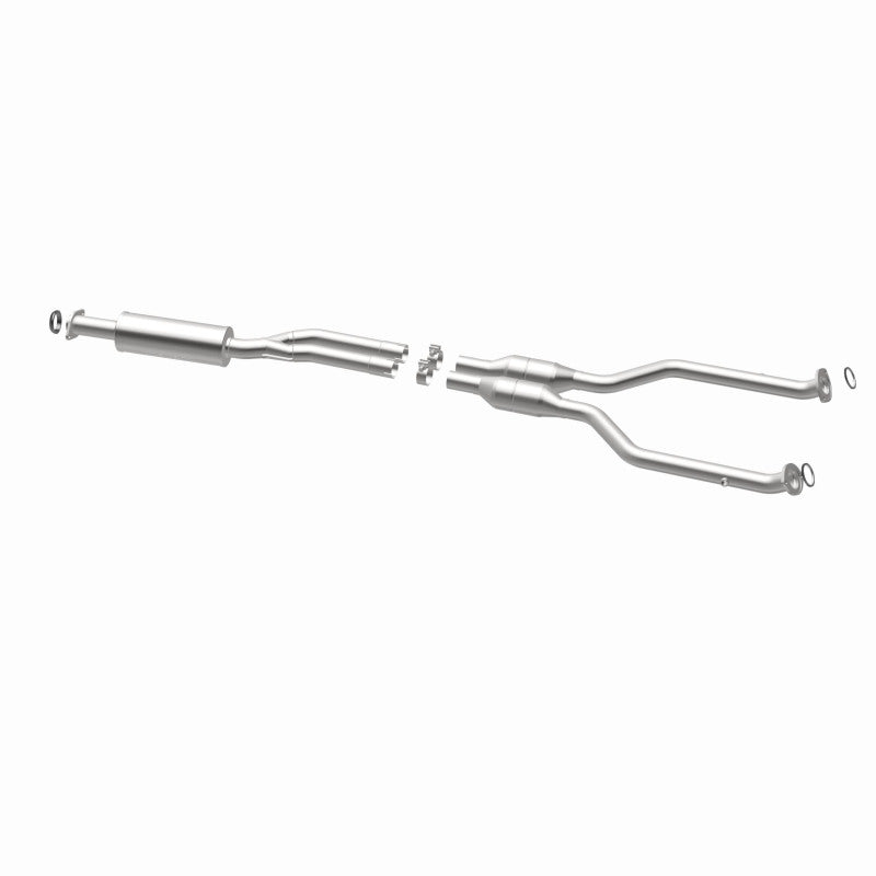 MagnaFlow 5571315 carb direct-fit catalytic converter, opposite rear three-quarter view of the turntable spin