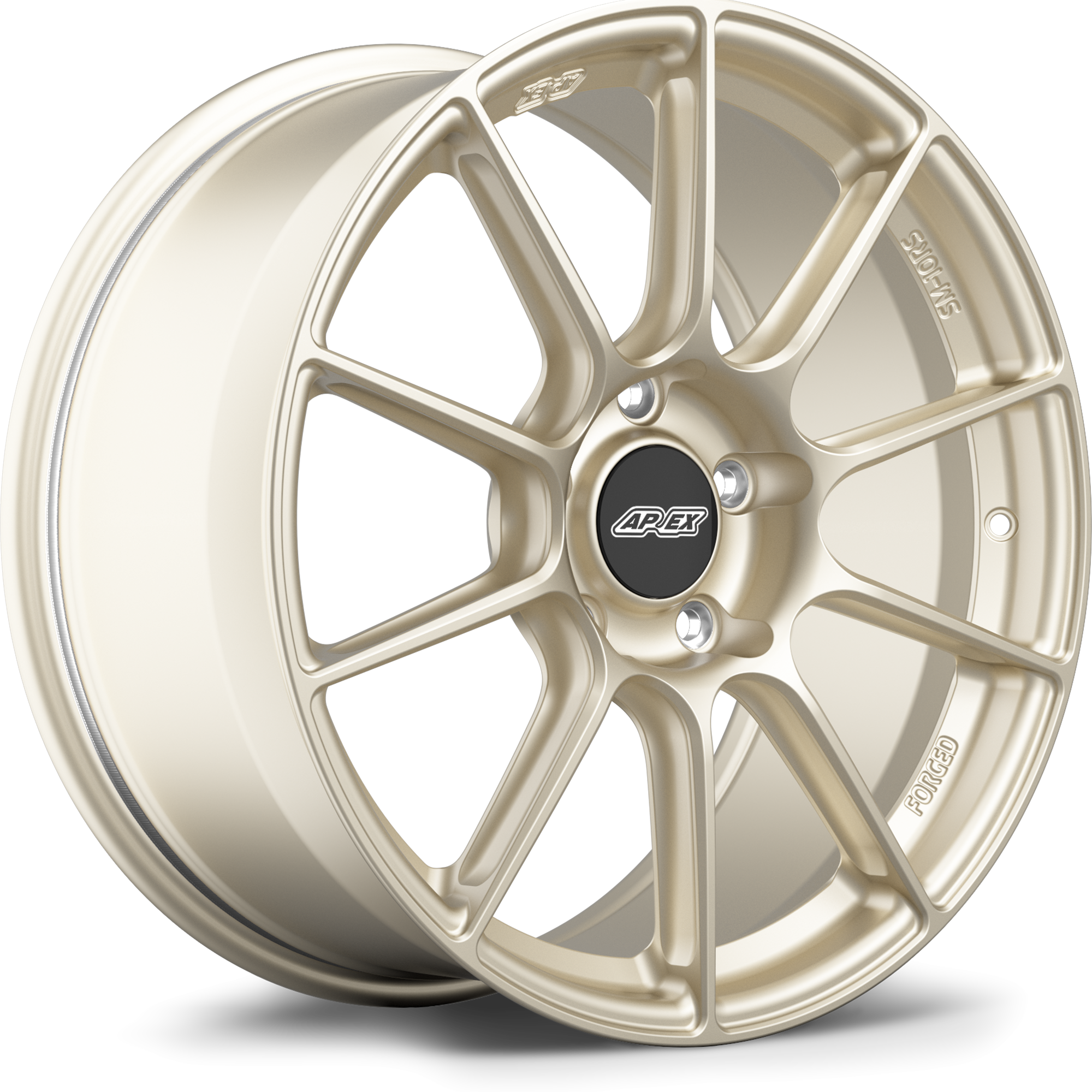 Single champagne gold forged aluminum wheel with ten-spoke design and black center cap on white background - APEX Wheels wheel for 19x9 ET50 5x130 - Motorsport Gold