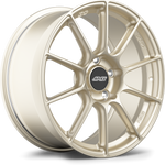 Single champagne gold forged aluminum wheel with ten-spoke design and black center cap on white background - APEX Wheels wheel for 19x9 ET50 5x130 - Motorsport Gold