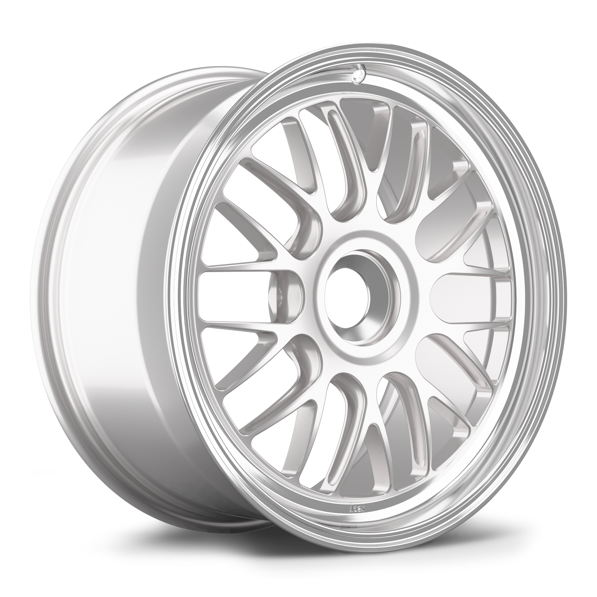 Silver alloy wheel with multi-spoke design and polished finish isolated on white background - APEX Wheels wheel for 19x9.5 ET48 PSCL - Race Silver - Machined Lip