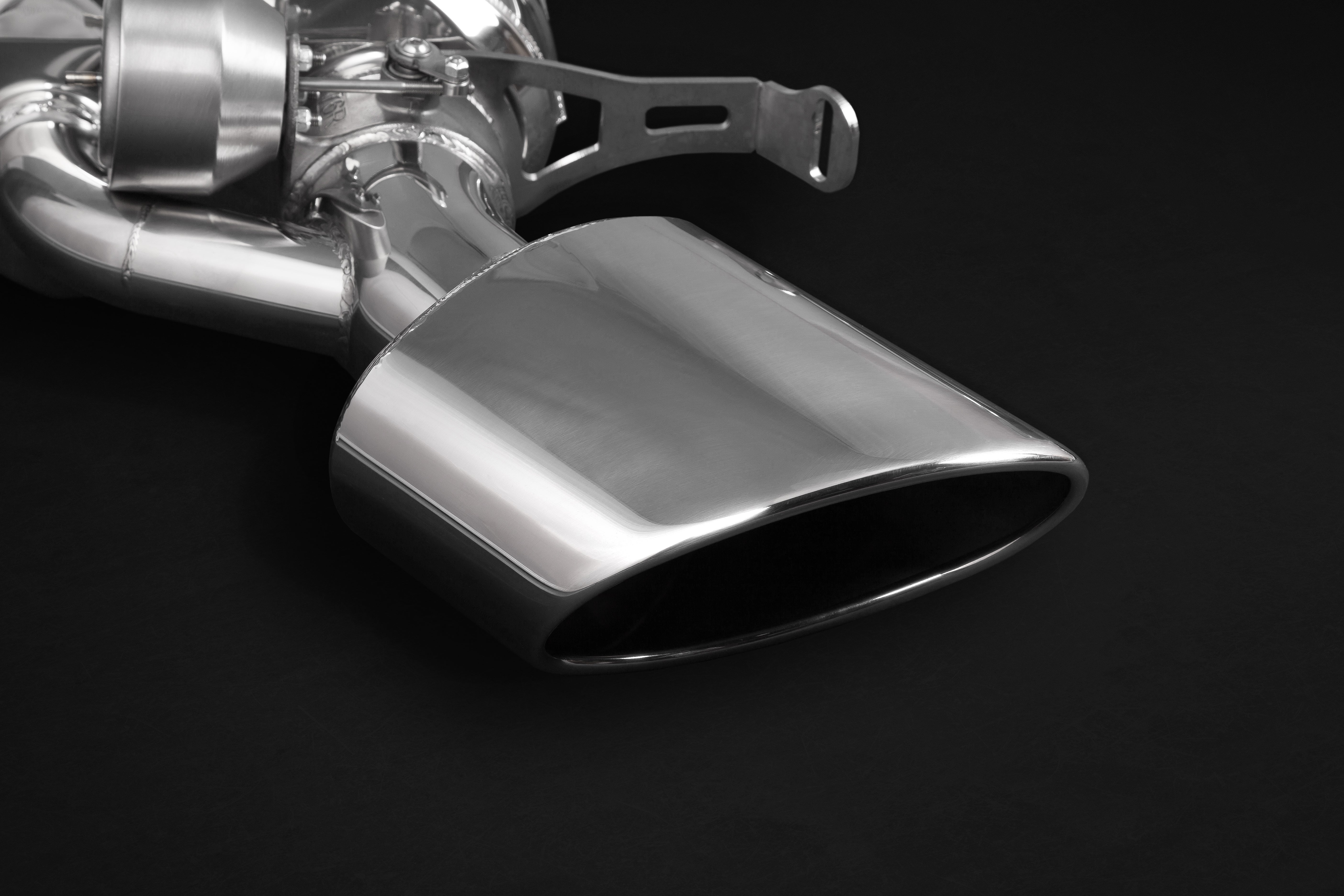 Close-up of polished silver oval RS tip on Capristo Audi RS5 F5 valved exhaust
