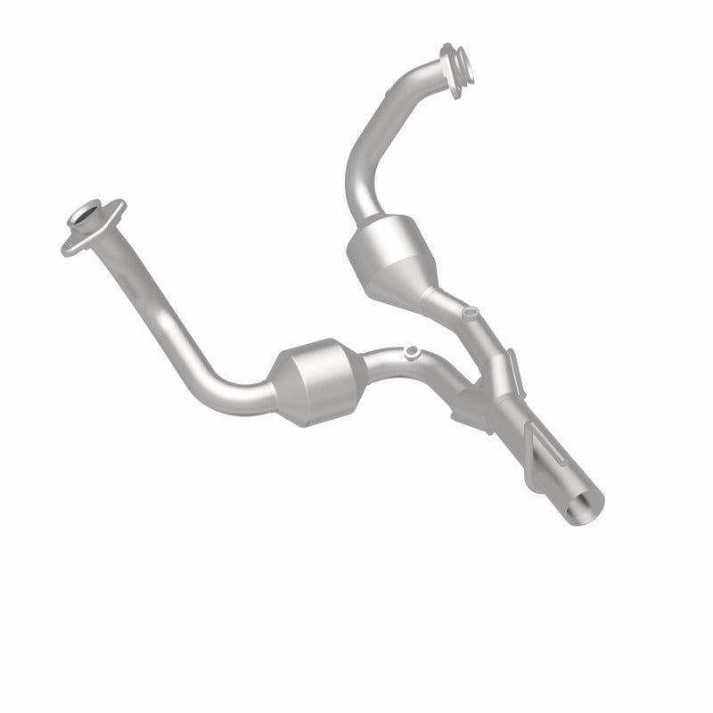 MagnaFlow 23067 hm grade direct-fit catalytic converter, rear three-quarter view of the turntable spin