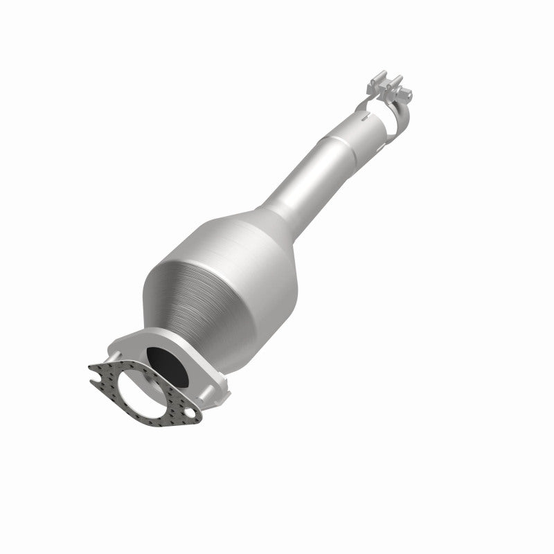 MagnaFlow 557270 carb direct-fit catalytic converter, opposite front three-quarter view of the turntable spin