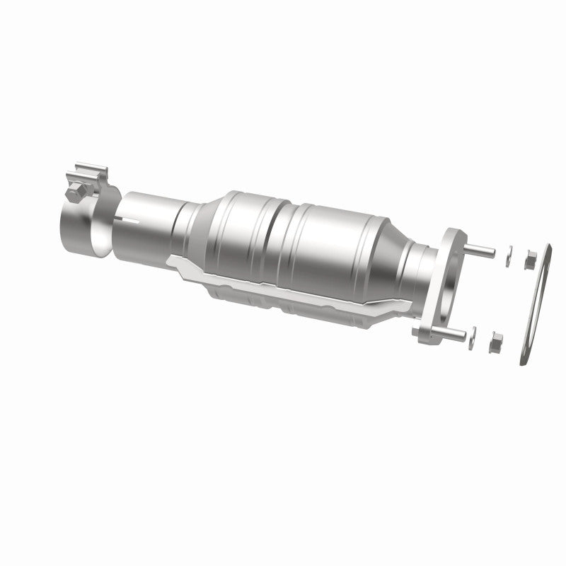 MagnaFlow 5421269 carb direct-fit catalytic converter, opposite rear three-quarter view of the turntable spin