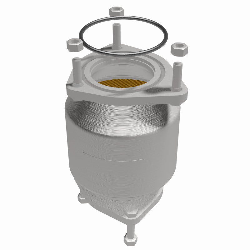 MagnaFlow 5561750 carb direct-fit catalytic converter, front three-quarter view of the turntable spin