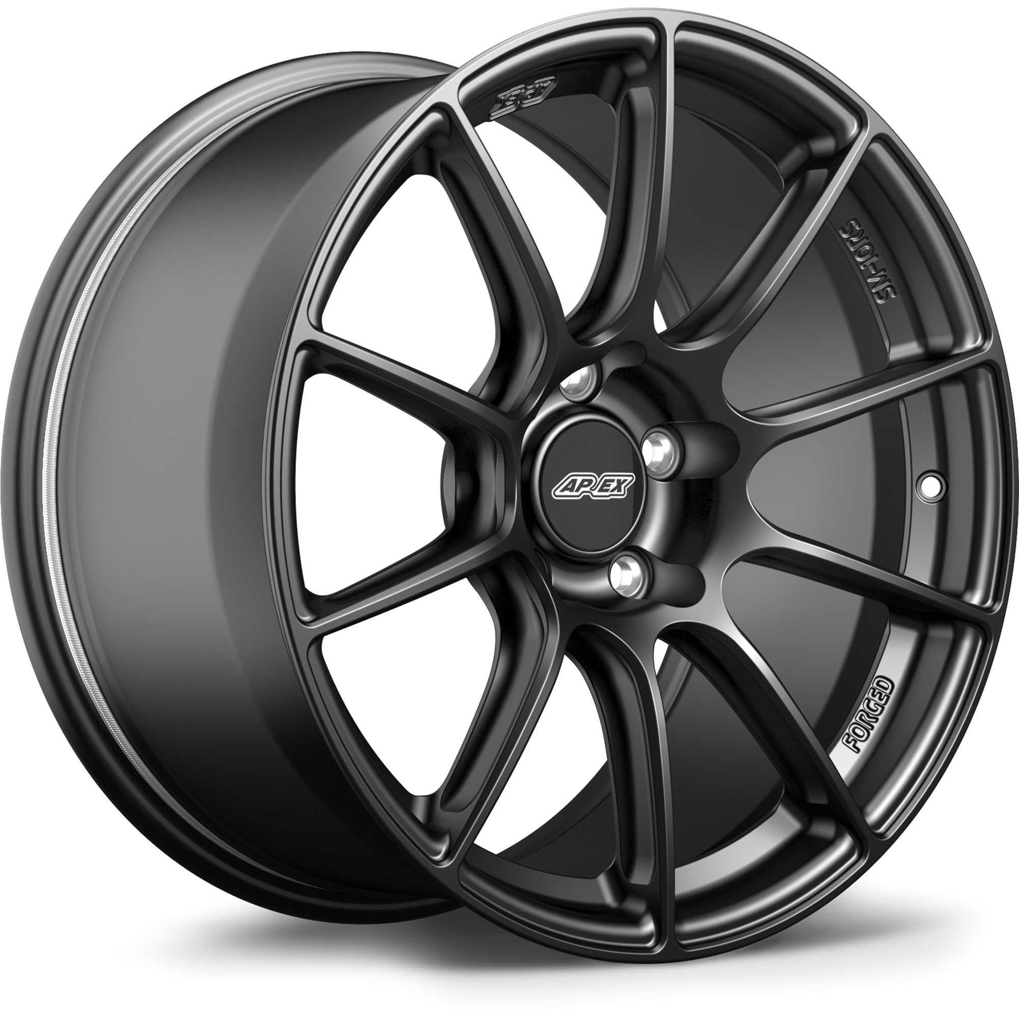 Dark gunmetal forged wheel with ten-spoke design, showing center cap and bolt pattern on clean white background - APEX Wheels wheel for 18x9 ET30 5x120 - Satin Black