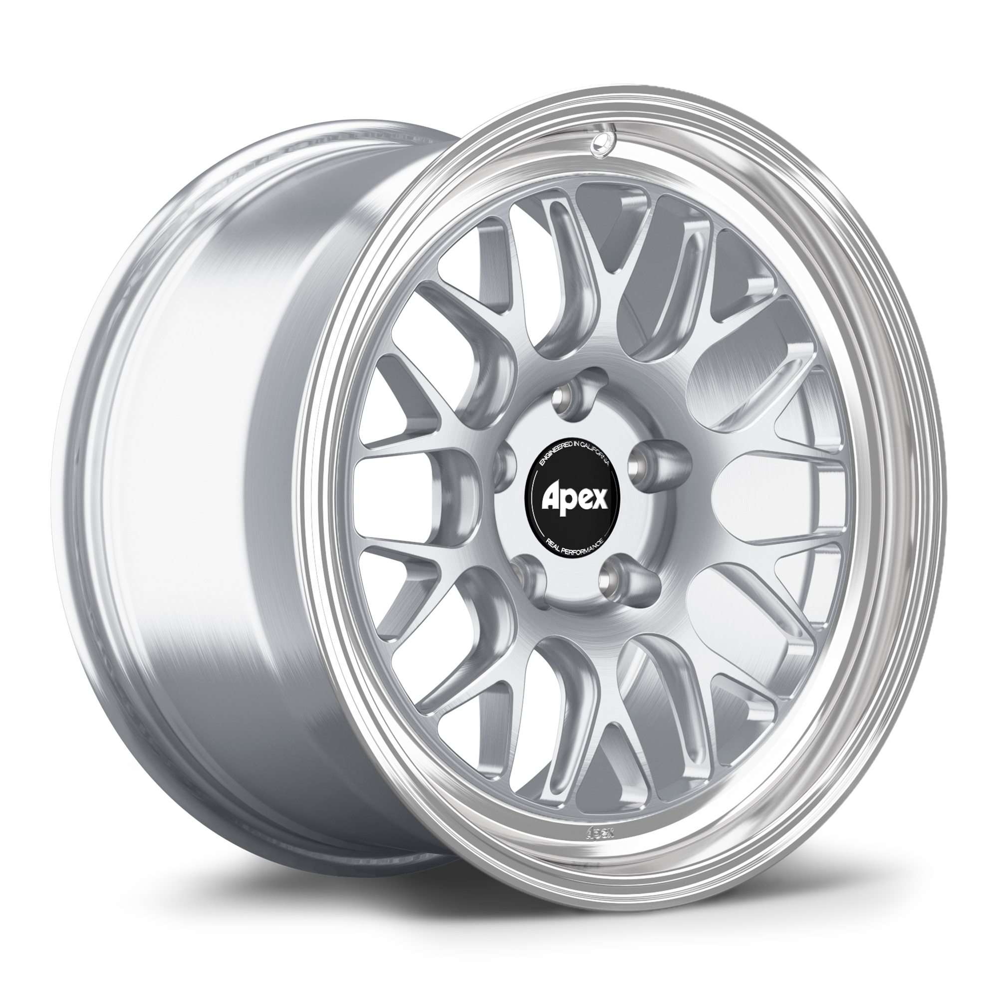 Silver alloy wheel with multi-spoke design and polished lip finish on white background - APEX Wheels wheel for 19x10.5 ET25 5x120 - Brushed Clear - Machined Lip