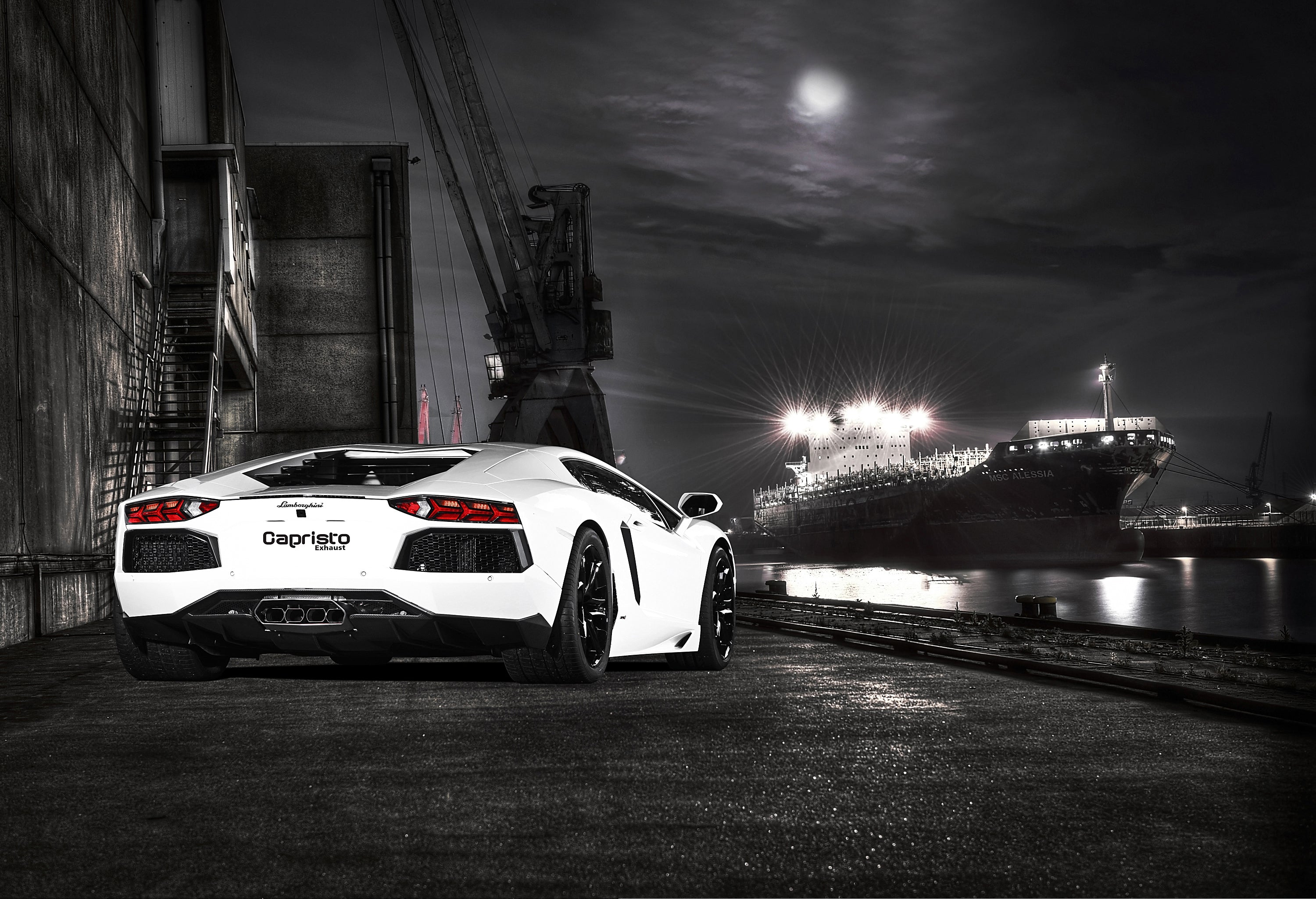 White Lamborghini Aventador LP700 rear view with the Capristo valved exhaust